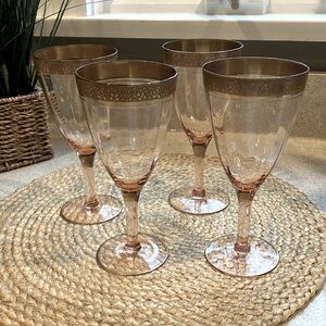 (4) Vintage Tiffin Pink Depression Glass Gold Rimmed Glasses - Rambler Rose